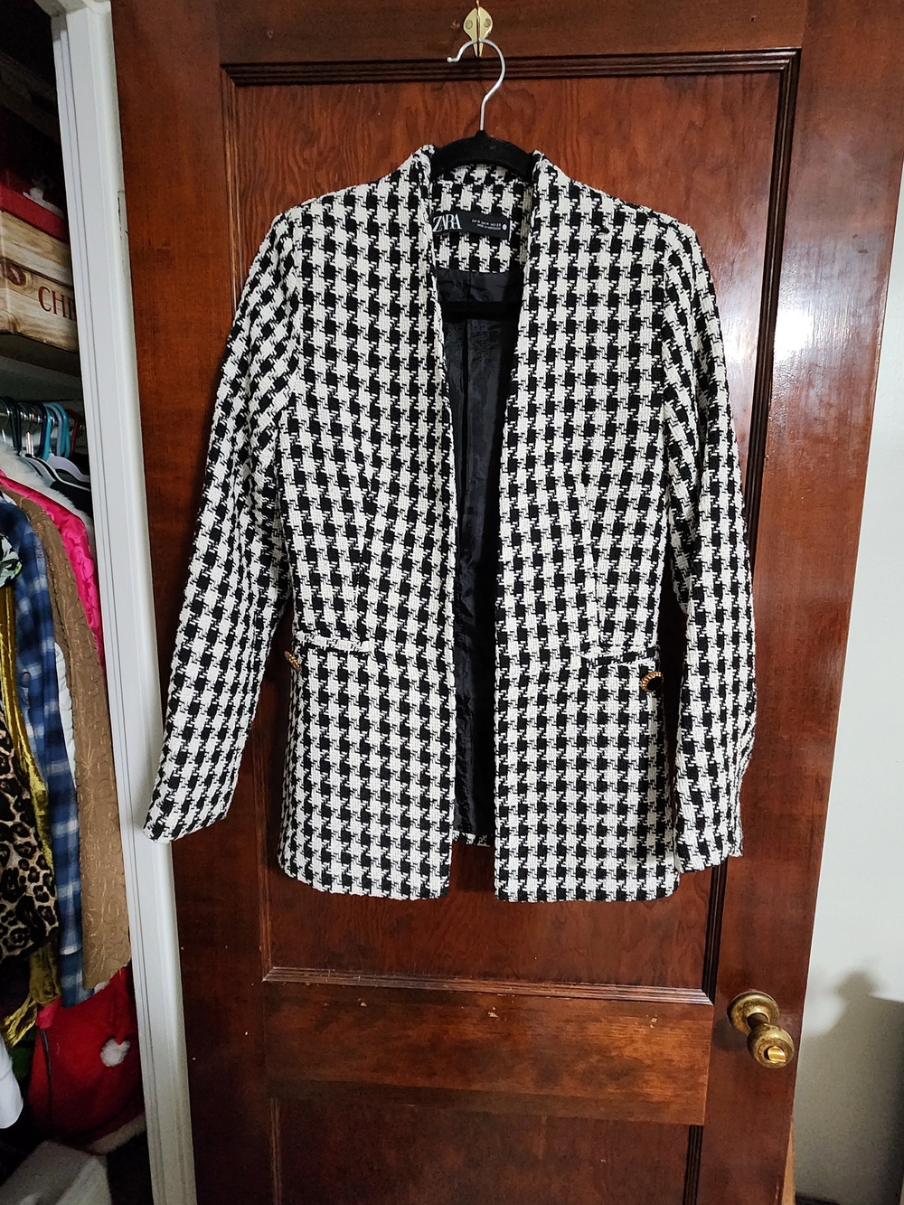 NWOT Zara Textured Houndstooth Open Front Blazer Jacket Medium